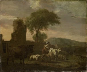 Italiaans landschap met herderin en kuddes