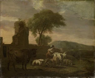 Italiaans landschap met herderin en kuddes