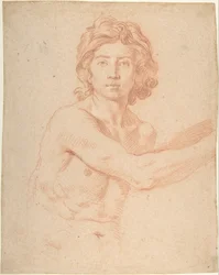 Halffiguur van een jongeman met opgeheven rechterarm