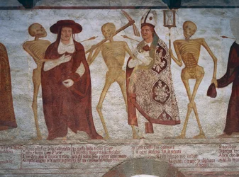 Dood vraagt de kardinaal en bisschop te dansen, detail van De Dans van de Dood