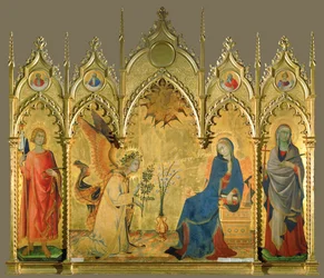 Annunciatie, met de heiligen Asano en Margaretha (tempera op hout)