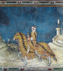 Guidoriccio da Fogliano. Guido Riccio da Fogliano (overleden 1352), commandant (condottiero) van het leger van Siena, tijdens de verovering van het kasteel van Montemassi in Maremma in 1328. Fresco door Simone Martini (1284-1344)