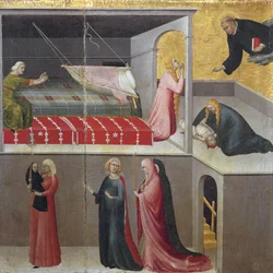 Het wonder van het kind dat uit zijn wieg valt: de drie vrouwen die onderaan de scène praten. Deel van het drieluik Geschiedenis van de kluizenaar van de heilige Augustinus