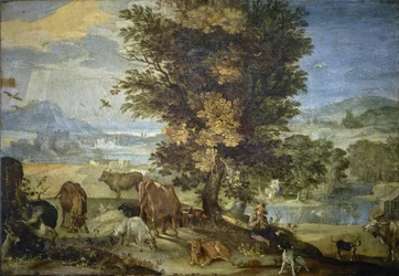 Landschap met herder en dieren