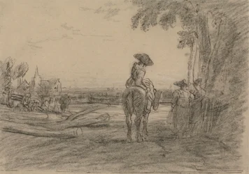 Vrouw op een paard met twee staande vrouwen die uitkijken over een landschap