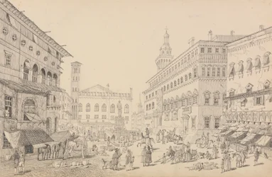 Album met 30 uitzichten in Tirol en Italië: plein in Bologna, kathedraal en paleis van de pauselijke legaat 12 nov. 1840