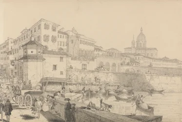 Album van 30 Zichten in Tirol en Italië: Zicht op Casino Pecori aan de Lung Arno, Residentie van Sir Charles D