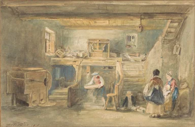 Het interieur van Pitlessie Mill met een man die maïs zeeft
