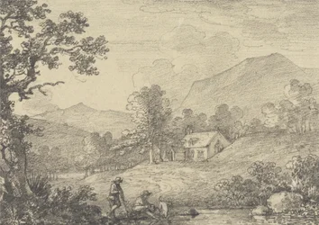 Twee figuren aan de rand van een vijver en een kerk in een heuvelachtig landschap