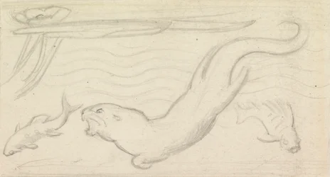 Glas-in-loodstudie, een otter en twee vissen