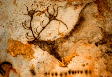Prehistorische schildering van edelhert met negenpuntig gewei in de grot van Lascaux, Frankrijk
