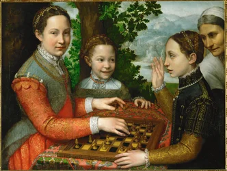 Een schaakspel met de drie zussen van de schilder en een bediende