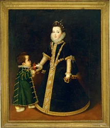 Meisje met dwerg, vermoedelijk een portret van Margarida van Savoye, dochter van de hertog en hertogin van Savoye ... (schilderij op doek)