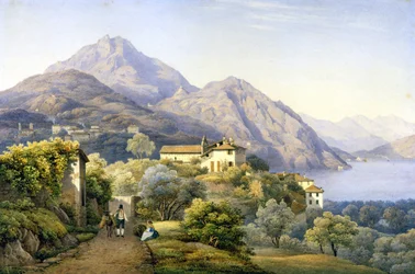 Como. Menaggio. Loveno en de berg Groma. 1840. Schilderij door S. Corrodi. Menaggio, Como