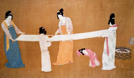Dames die de nieuw geweven zijde voorbereiden, schilderij toegeschreven aan Keizer Hui-Tsung, Song Dynastie, China