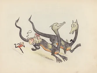 Illustratie voor Little Twin Dragons door S Rosamond Praeger (kleurenlitho)