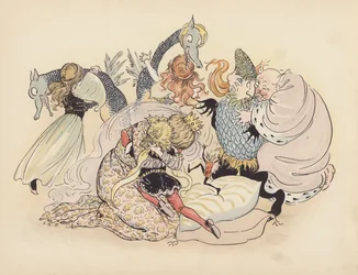 Illustratie voor Little Twin Dragons door S Rosamond Praeger (kleurenlitho)