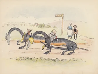 Illustratie voor Little Twin Dragons door S Rosamond Praeger (kleurenlitho)