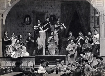 Sevilla, Spanje, dans- en flamencoscène in een café. Fotografie, eind 19e eeuw