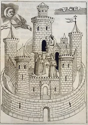 Een kasteel, gravure ter begeleiding van Mallorcaanse liederen geschreven door Fray Encelm Turmeda