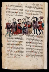 Een man presenteert een boek aan de koning, miniatuur in "Libro de los Castigos o Documentos para Bien Vivir"