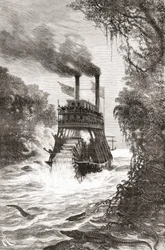 Een raderstoomboot in de Primera Angostura, een geluid van de Straat van Magellan, Chili