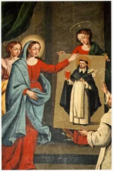 Een heilige presenteert een portret van Sint Dominicus aan de Maagd Maria