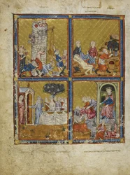 Scènes uit Genesis: De Toren van Babel bouwen; Noach die druiven snijdt; Abraham en Sara; Nimrod en Abraham, illustraties uit 