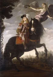 Een Ruiterportret van Koning Karel II, volledig, in een Rode Jas met Witte Rand, gekroond met een Lauwerkrans door een Engel, Madrid in de Verte