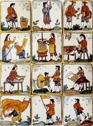 Ambachtelijke beroepen: schoenmaker, kuiper, mandenmaker, wijnmaker, tekenles, muzikant, koe melken, slijper, boer, ebenist. Catalaanse keramische tegels (Spanje)