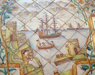 Azulejos tegels die een haven met schepen afbeelden (keramiek)