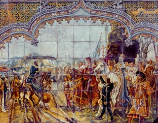 Boabdil geeft de sleutels van Granada over aan de Katholieke Koningen in 1492 (keramiek)