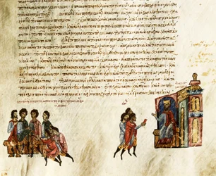 Byzantijnse keizer Basil I, de Macedoniër (812-886), ontvangt Servische ambassadeurs (miniatuur)
