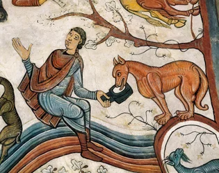 Centraal detail van het gewelf dat de Aankondiging aan de herders voorstelt. Fresco uit de 12e eeuw.