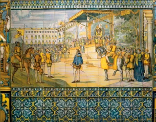 Vieringen in Valladolid ter ere van Filips II van Spanje in mei 1559. Azulejos van de Talavera-school in het paleis van de familie Pimentel, Valladolid