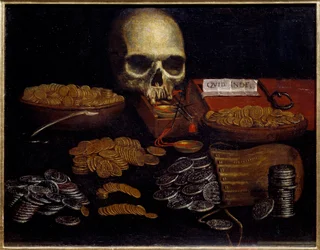 Munt ijdelheid: allegorie van vergankelijkheid en dood, rijkdom en menselijke geneugten