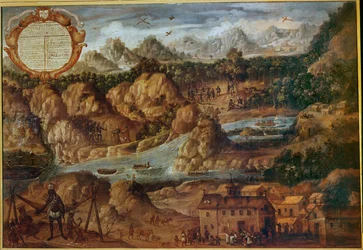 Verovering van de Indiaanse landen van Paraguay, met het landschap, rivieren en een nieuwe Spaanse kerk ...