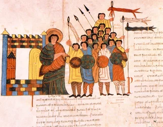 Vertrek van het leger van koning David naar de oorlog, uit de Visigotisch-Mozarabische Bijbel van Sint-Isidorus, fol. 131v., 960 n.Chr.
