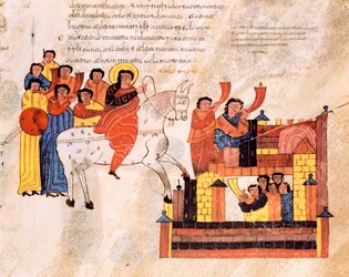 Intocht van koning David in Jeruzalem onder trompetgeschal, uit de Visigotisch-Mozarabische Bijbel van Sint-Isidorus, fol. 135r., 960 na Chr.