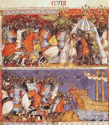 Fol.108r De Trojanen vallen het Griekse Kamp binnen en steken de Griekse Schepen in brand, uit de Codex Benito de Santa Mora