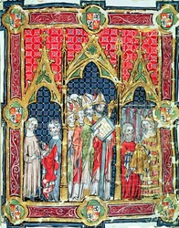Kroning van de koningen van Aragon en Castilië: Alfonso VII biedt gouden brood aan in aanwezigheid van de aartsbisschop van Toledo, uit het Libro de los Testamentos