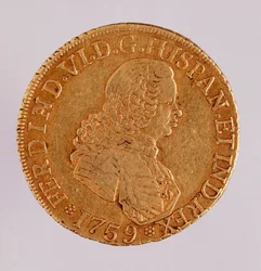 Gouden munt (8 ecu) uit Spanje: regeerperiode van Ferdinand VI (1746-1759). 1759