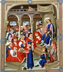 Jaume Marquilles overhandigt zijn boek aan de raadsheren van Barcelona in aanwezigheid van koning Alfons IV de Grootmoedige,15e eeuw (manuscript)