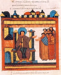 Koning David zittend op zijn troon en omringd door zijn hof, uit de Visigotisch-Mozarabische Bijbel van Sint-Isidorus, fol. 126r., 960 n.Chr.