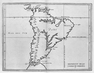 Kaart van Meridionale Amerika (Zuid-Amerika of Latijns-Amerika) uit een Spaans reisvolume uit het begin van de 17e eeuw. De Stille Oceaan wordt de Zuidzee genoemd en de landen Peru en Brazilië worden genoemd evenals de evenaar.