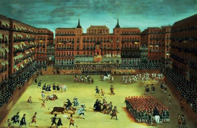 Panorama van een fiesta op het Plaza Mayor in Madrid