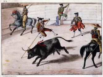 Perchsprong, stierenvechten in Spanje, Spaanse lithografie, 19e eeuw