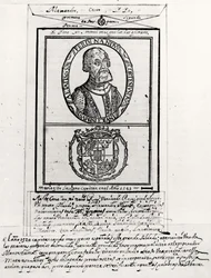 Portret van Hernando Cortes (1485-1547) en zijn wapens