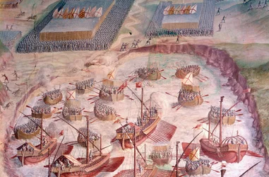 Regatta van Spaanse galeien tijdens een expeditie naar de Azoren in 1582 onder Filips II (1527-1598), koning van Spanje. 16e-eeuwse fresco. Hal van de Slagen, Paleis van het Escorial, Madrid.