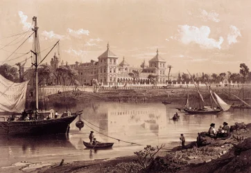 Sevilla, San Telmo-paleis aan de oever van de Guadalquivir-rivier. Andalusië, Spanje (19e eeuw). Madrid, Nationale Bibliotheek.